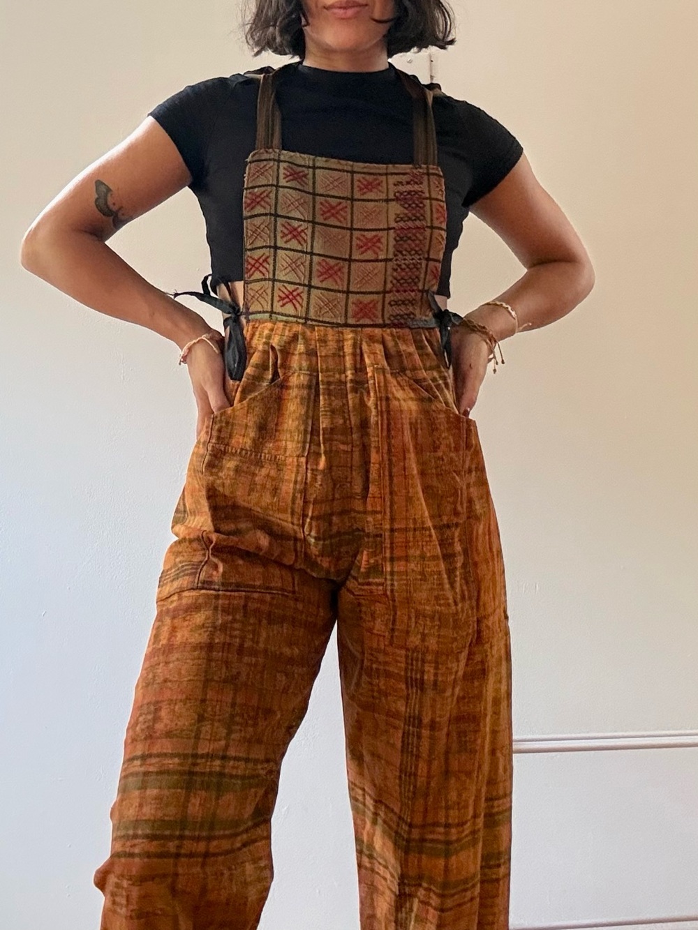 Rust Plaid Utility Embroidered Overalls - Women's Pants & Jumpsuits